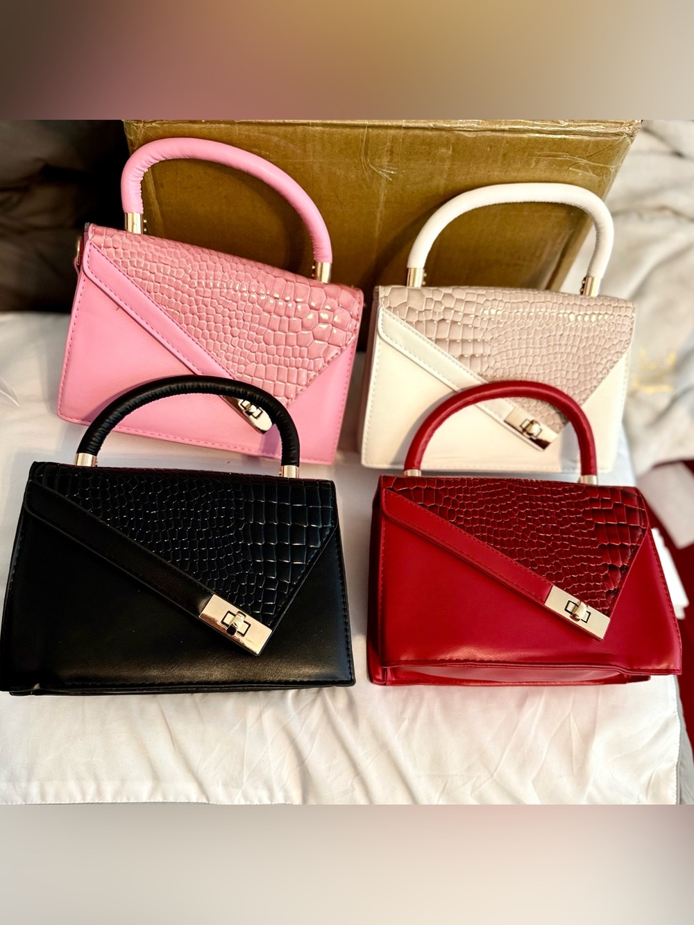 Structured Croc-Embossed Top-Handle Satchel in Pink, White, Black, Red